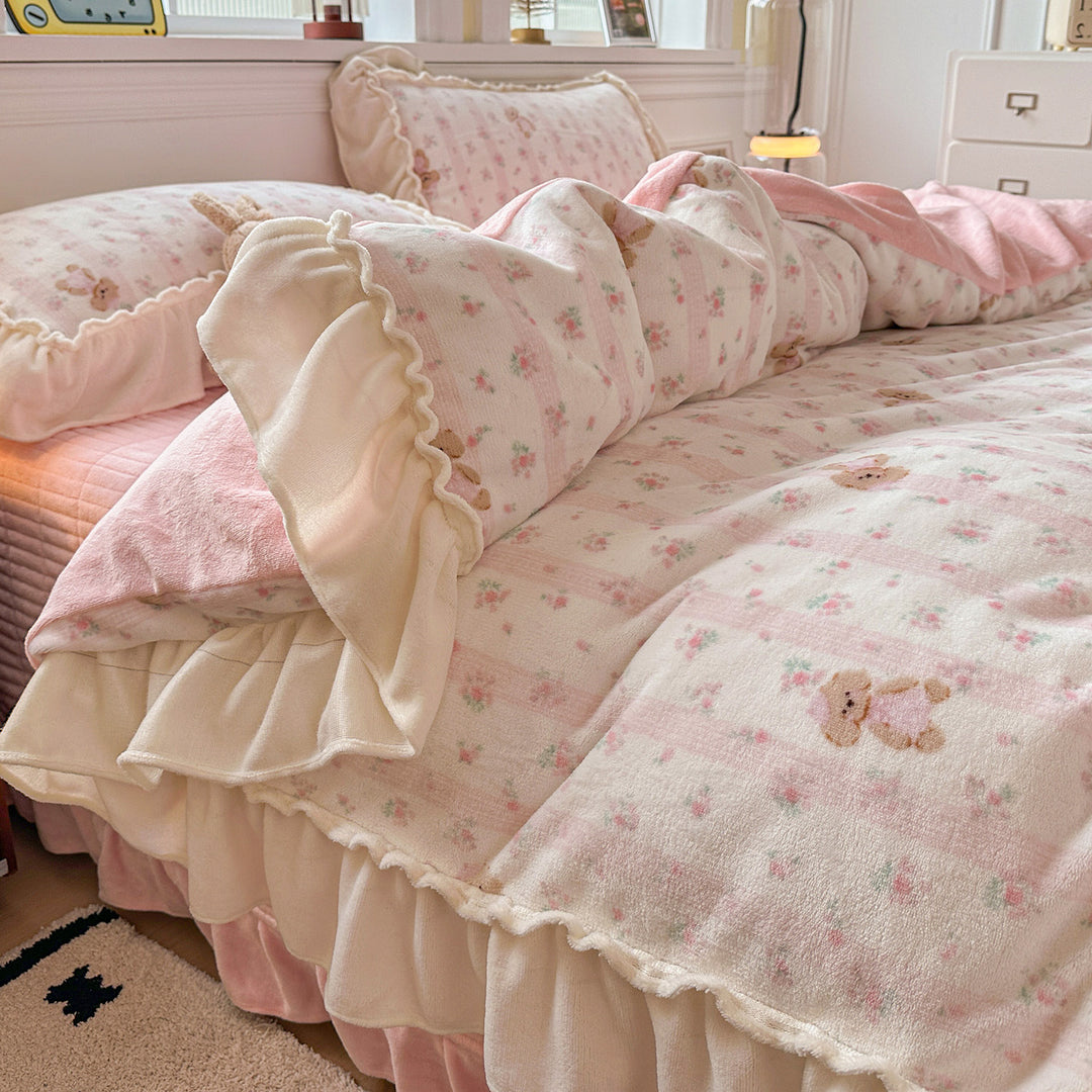 Reversible Plush Floral Comforter Set with Ruffled Skirt and Matching Pillow Shams