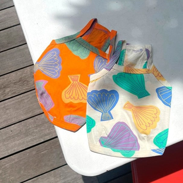 Small Dog Cotton Seashell-Print Sleeveless Tank Top with Stretch Hem