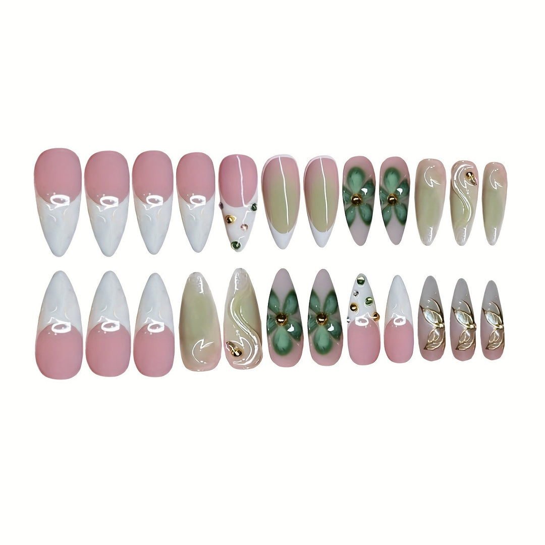 Artistic Press-On Nail Design with Floral Elements Stornfield