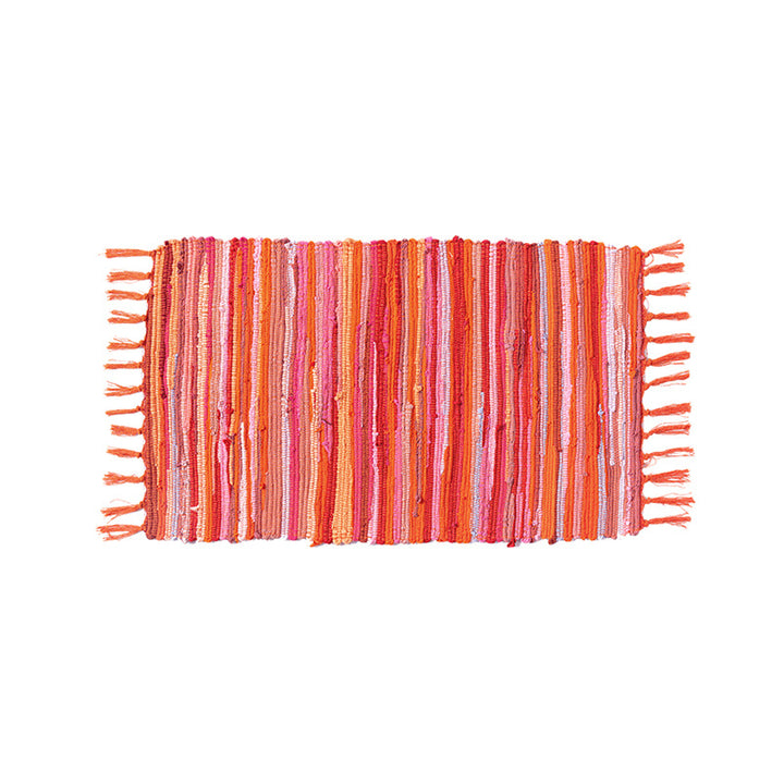 Handwoven cotton runner with colorful stripes and fringes Stornfield