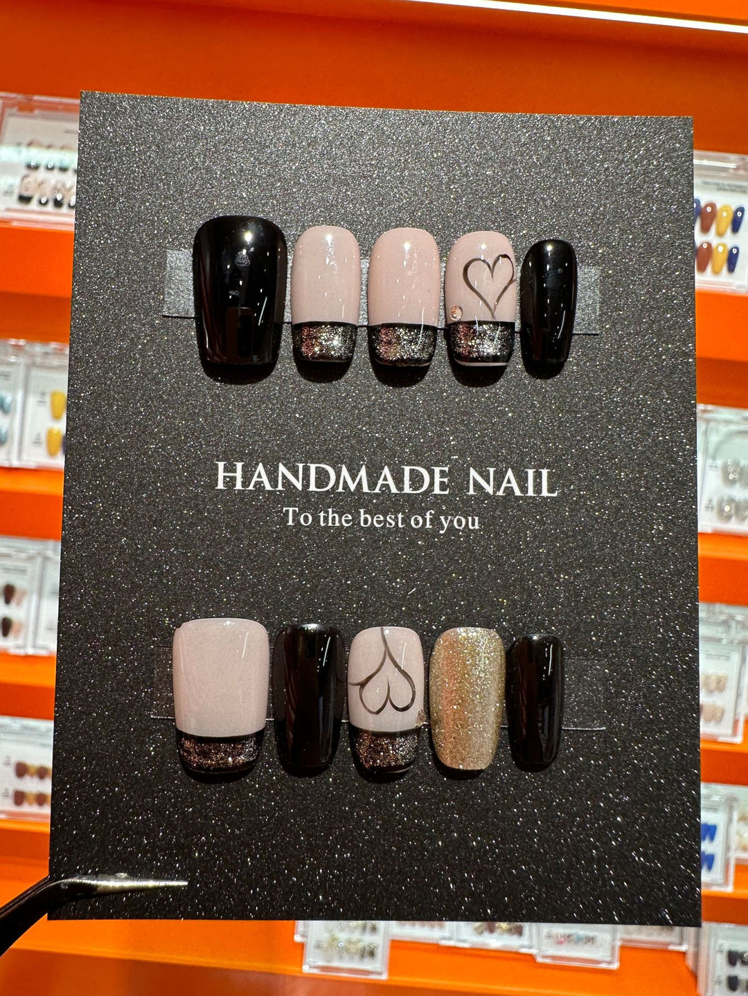 Handmade Nail Art Set with Elegant Heart and Glitter Accents