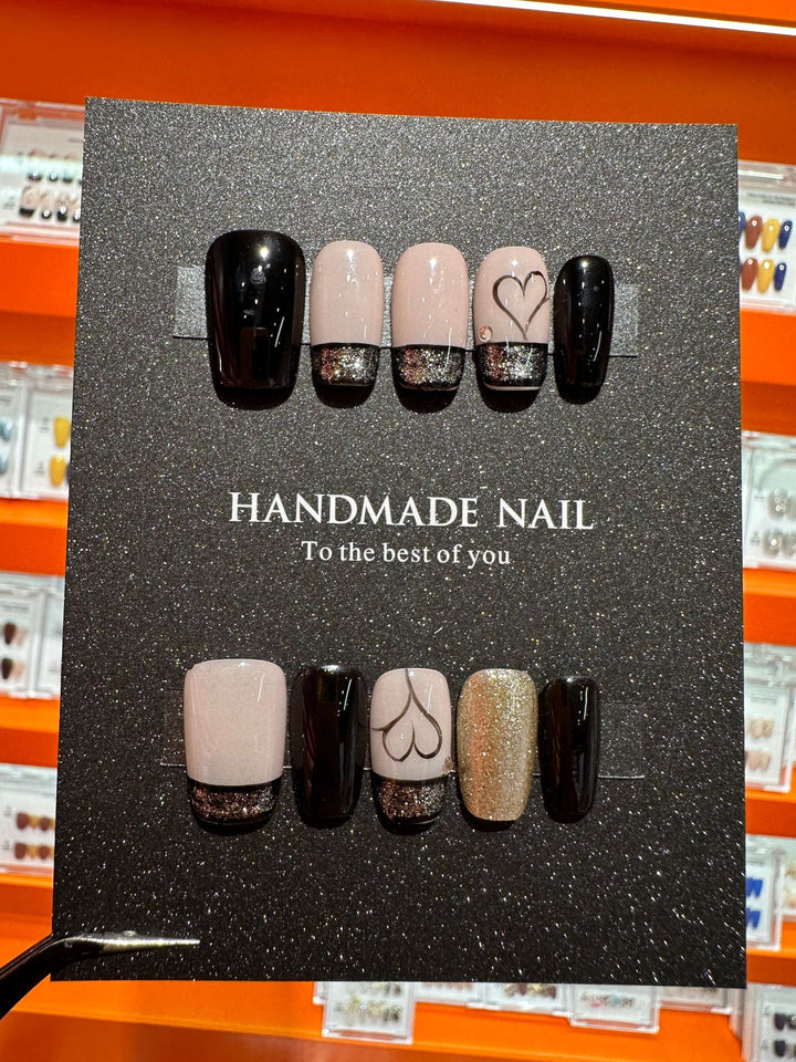 Handmade Nail Art Set with Elegant Heart and Glitter Accents