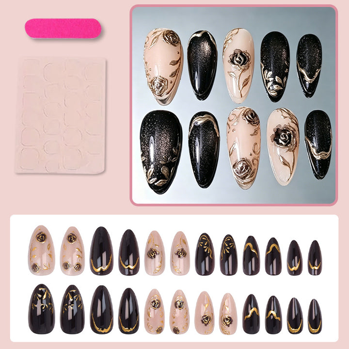 Nail set with elegant gold embellishments and original patterns Stornfield