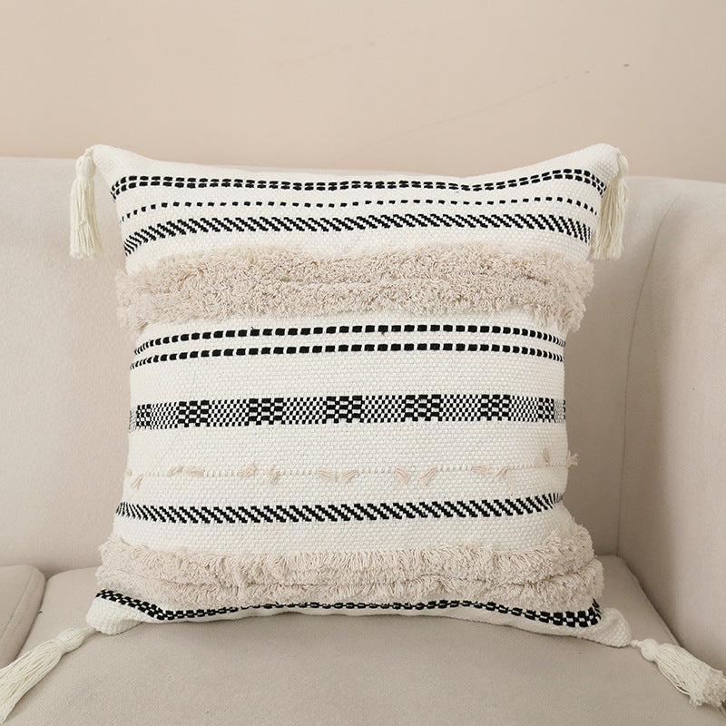 Decorative Cotton Tufted Square Throw Pillow with Tassel Corners and Geometric Stripe Embroidery