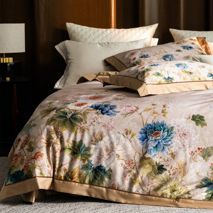 Luxurious Botanical Jacquard Sateen Duvet Cover Set with Contrast Hem & Hidden Closure