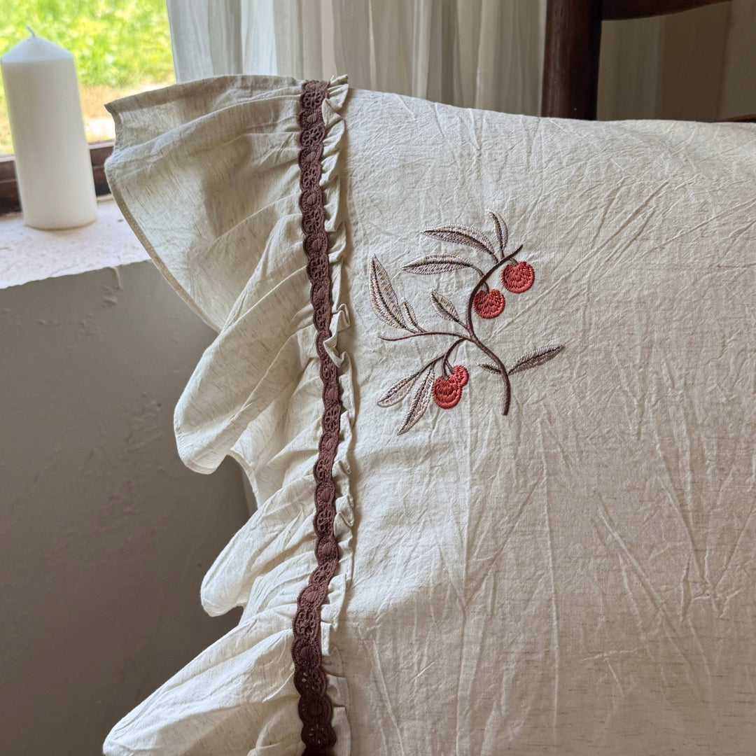 Embroidered Linen-Blend Ruffled Duvet Cover Set with Bolster and Shams