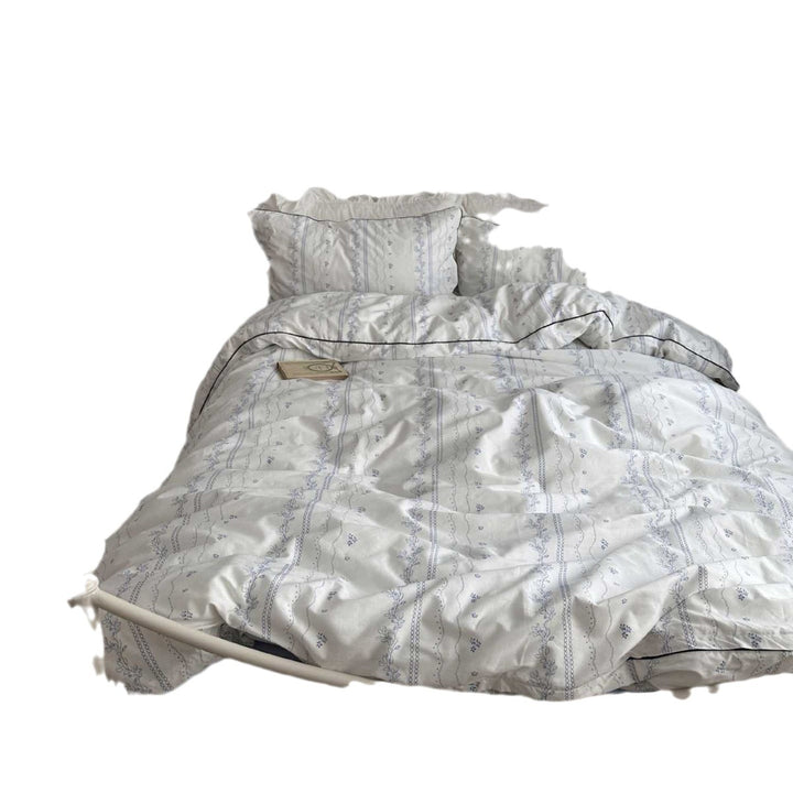 Cotton Sateen Floral-Stripe Duvet Cover Set with Contrast Piping and Ruffled Shams