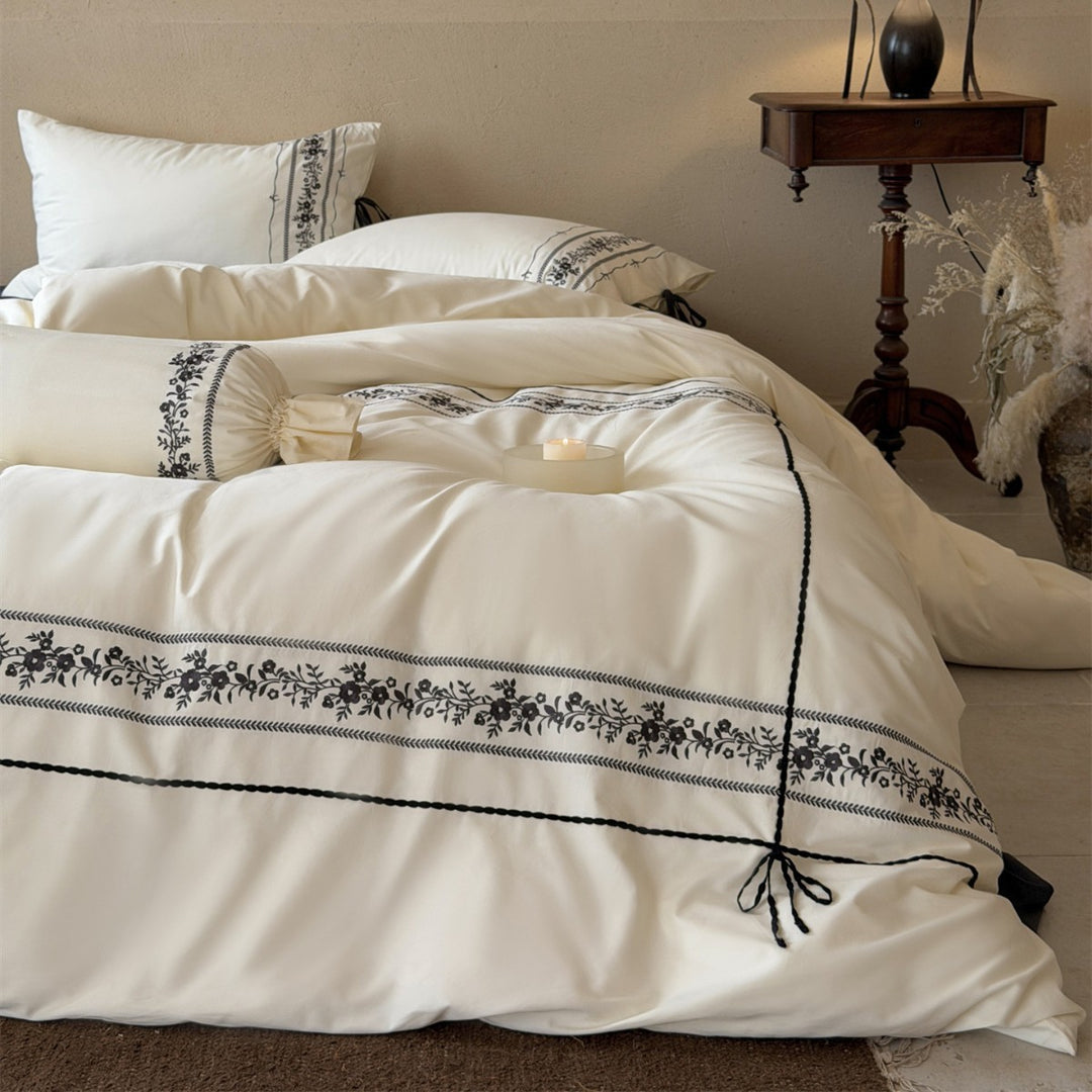 Embroidered Floral Border Cotton Sateen Duvet Cover Set with Pillow Shams and Bolster
