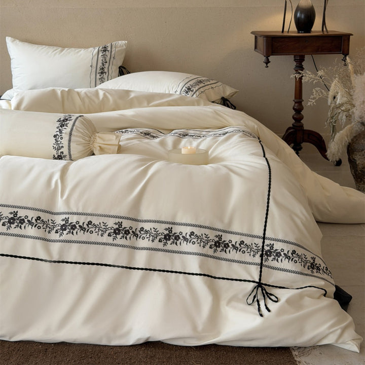 Embroidered Floral Border Cotton Sateen Duvet Cover Set with Pillow Shams and Bolster