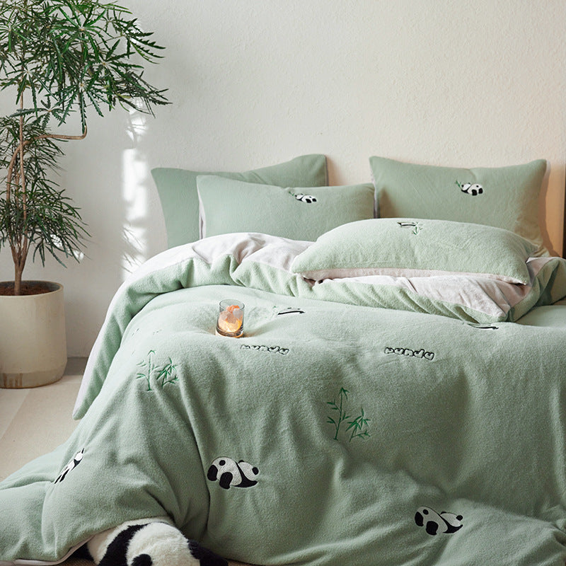 Bedding set with embroidered panda and bamboo design