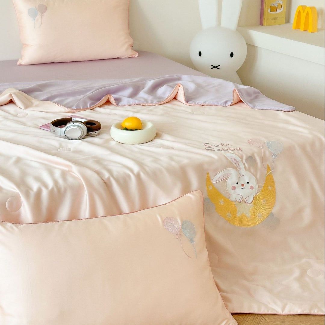 Children's satin bedding set with embroidered bunny moon and silky reversible throw