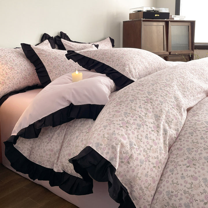 Floral Duvet Cover Set with Ruffled Contrast Border and Bunny Accent Pillow Shams