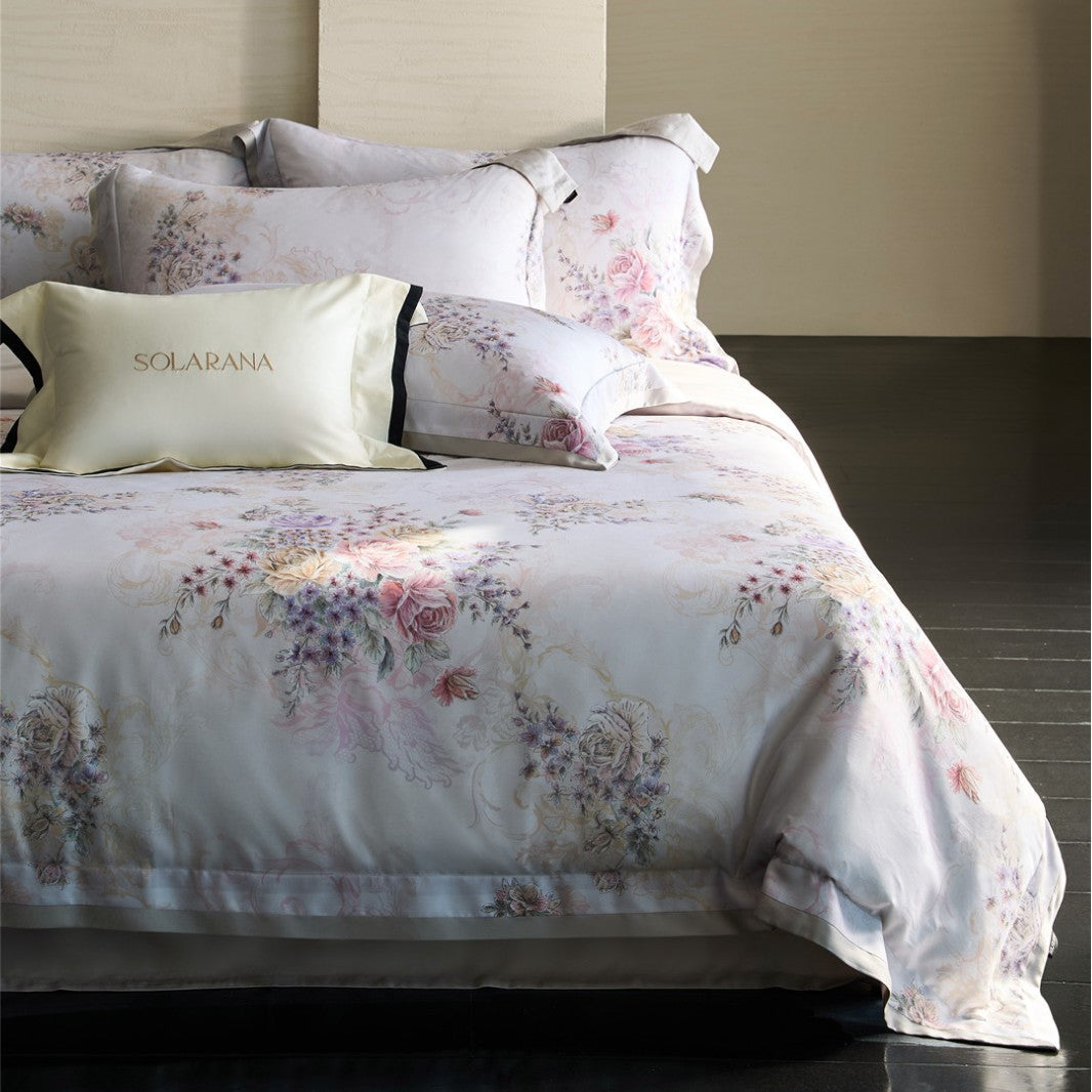 Floral Satin-Effect Cotton Sateen Duvet Cover Set with Decorative Pillow Shams