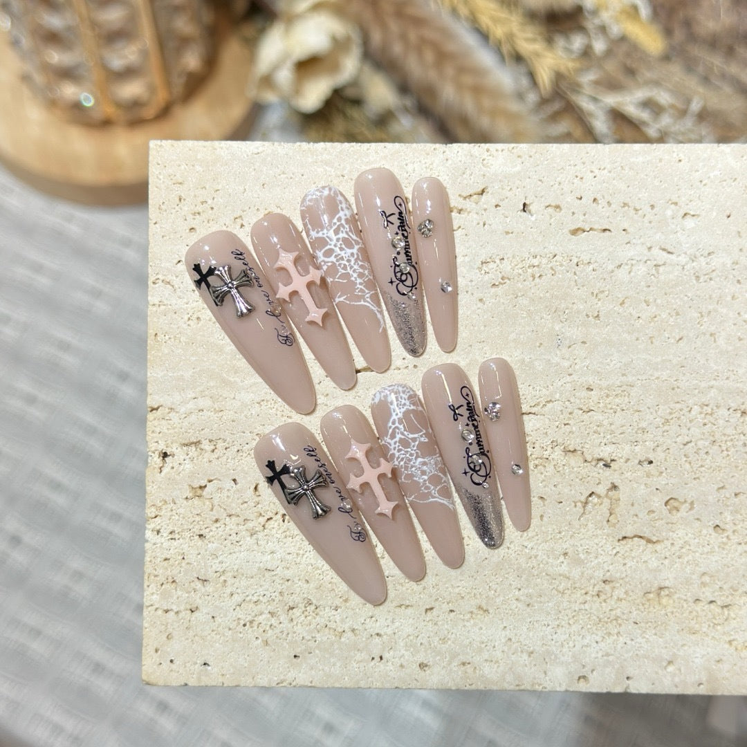 Artistic Press-On Nail Set with Decorative Elements