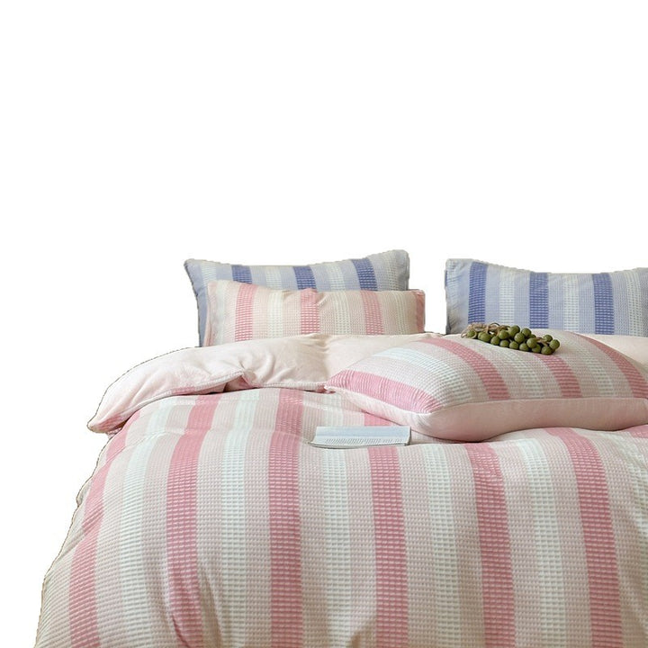 Striped waffle texture bed linen set with reversible function and breathable cotton mix