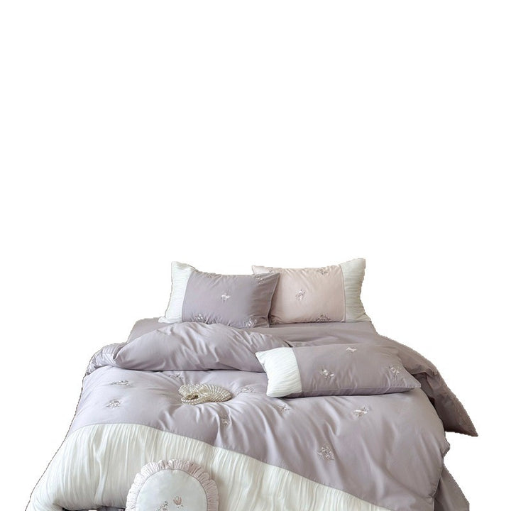 Embroidered Cotton Duvet Cover Set with Pleated Ruffle Trim and Decorative Pillow Shams