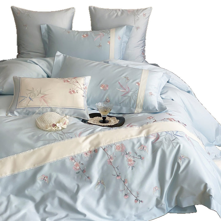 Silk-Feel Reversible Embroidered Botanical Duvet Cover Set with Satin-Trim Shams