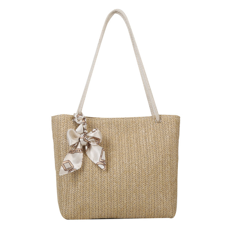 Woven Straw Tote Bag with Decorative Scarf