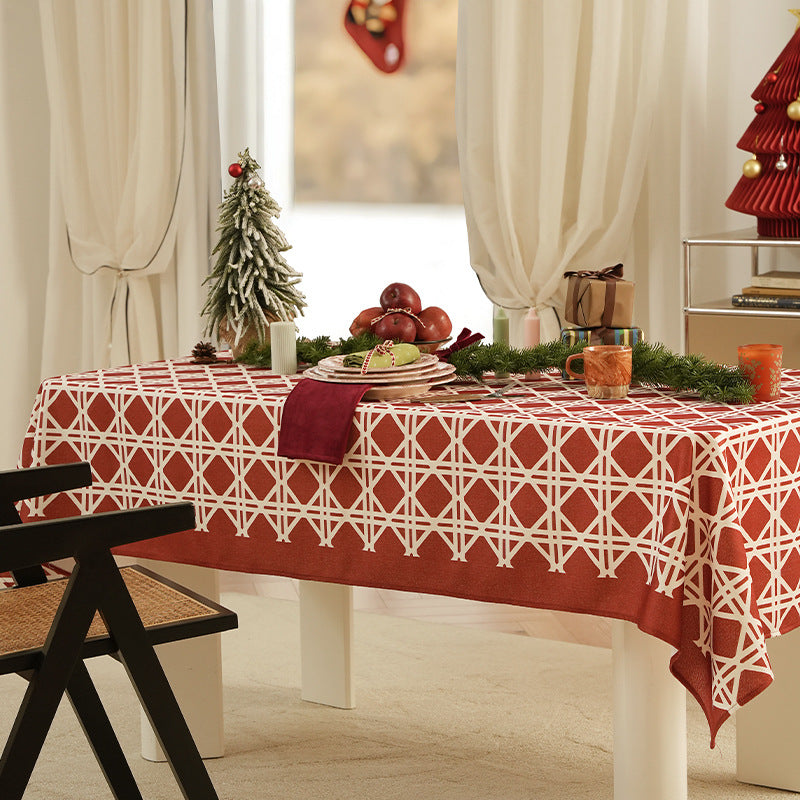 Rectangular festive tablecloth made of cotton blend fabric with geometric grid relief and stain-resistant surface Stornfield