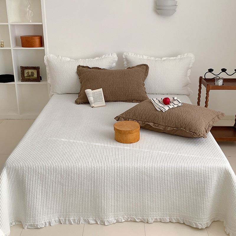 Waffle-Texture Ruffled-Hem Bedspread and Quilted Pillow Sham Set