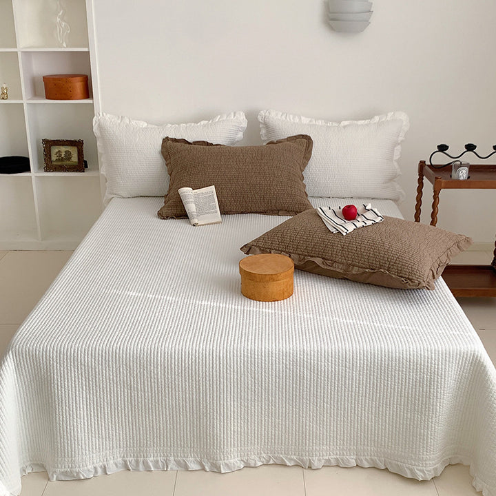Waffle-Texture Ruffled-Hem Bedspread and Quilted Pillow Sham Set
