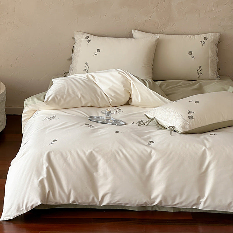 Embroidered Cotton Sateen Duvet Cover and Pillowcase Set with Lace Trim