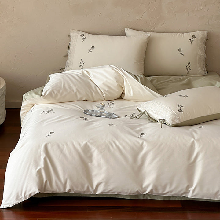 Embroidered Cotton Sateen Duvet Cover and Pillowcase Set with Lace Trim
