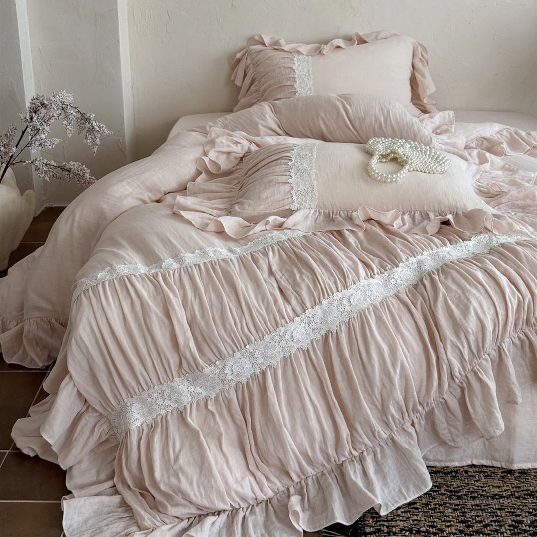 Washed Linen-Blend Gathered Duvet Cover Set with Floral Lace Band