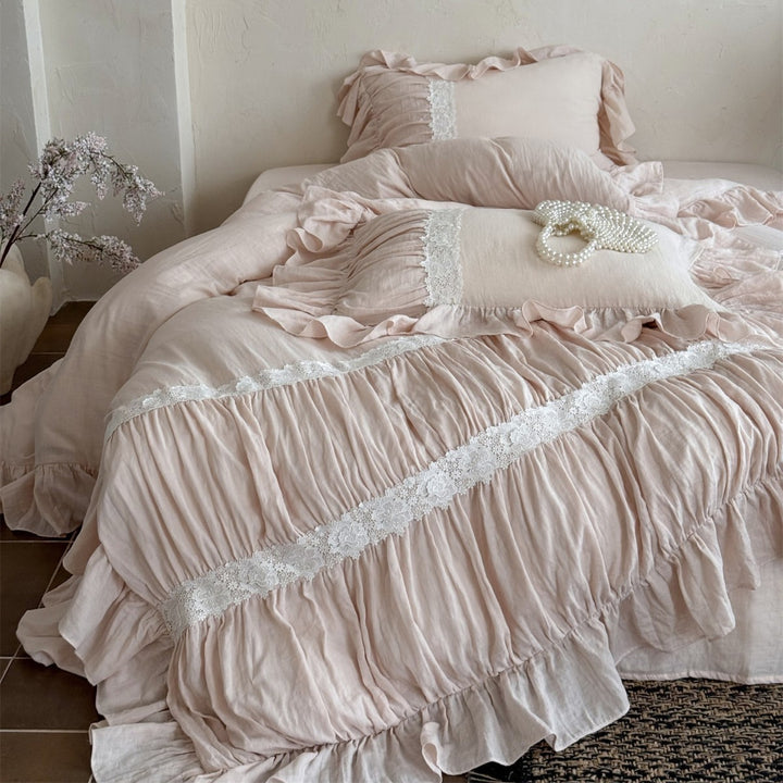 Washed Linen-Blend Gathered Duvet Cover Set with Floral Lace Band