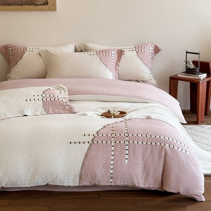 Linen-Blend Duvet Cover Set with Geometric Stitch Embroidery