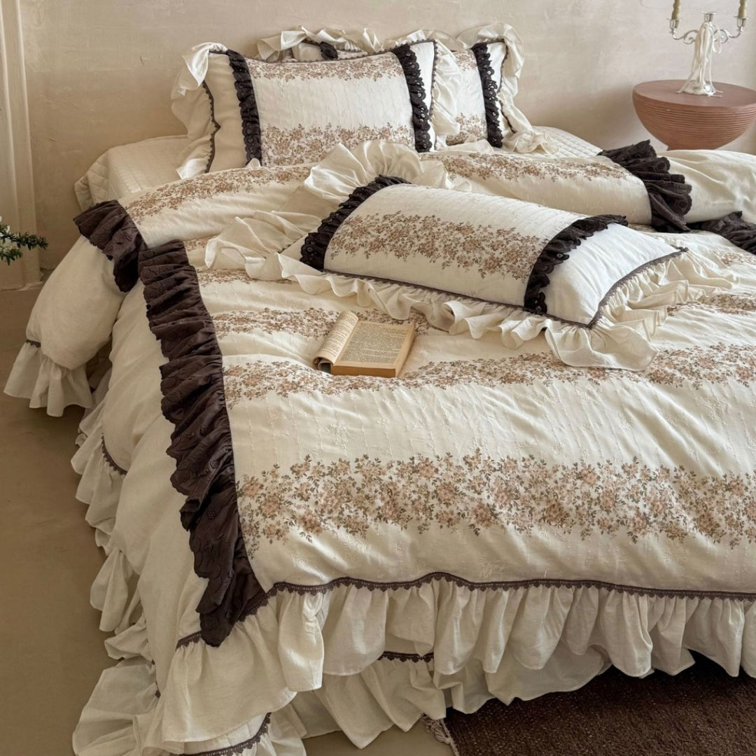 Floral Ruffled Cotton Linen Quilted Duvet Cover Set