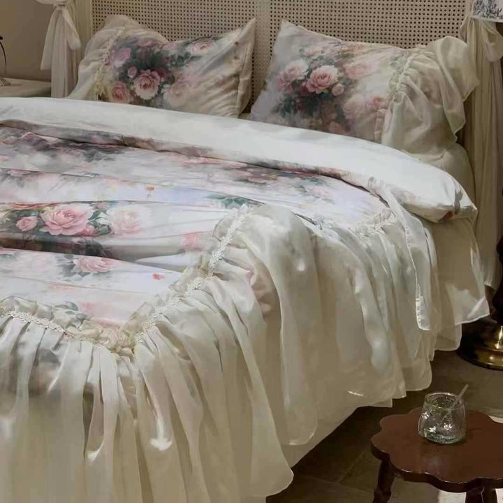 Floral Satin-Blend Ruffled Duvet Cover Set with Pillow Shams and Sheer Bed Skirt