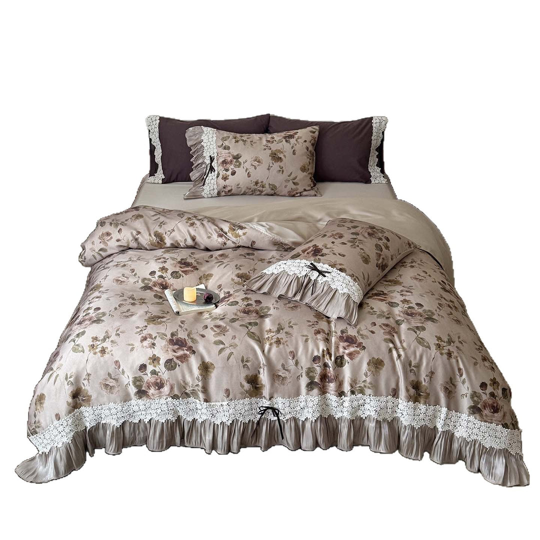 Satin Floral Ruffled Duvet Cover Set with Lace Trim and Pillow Shams