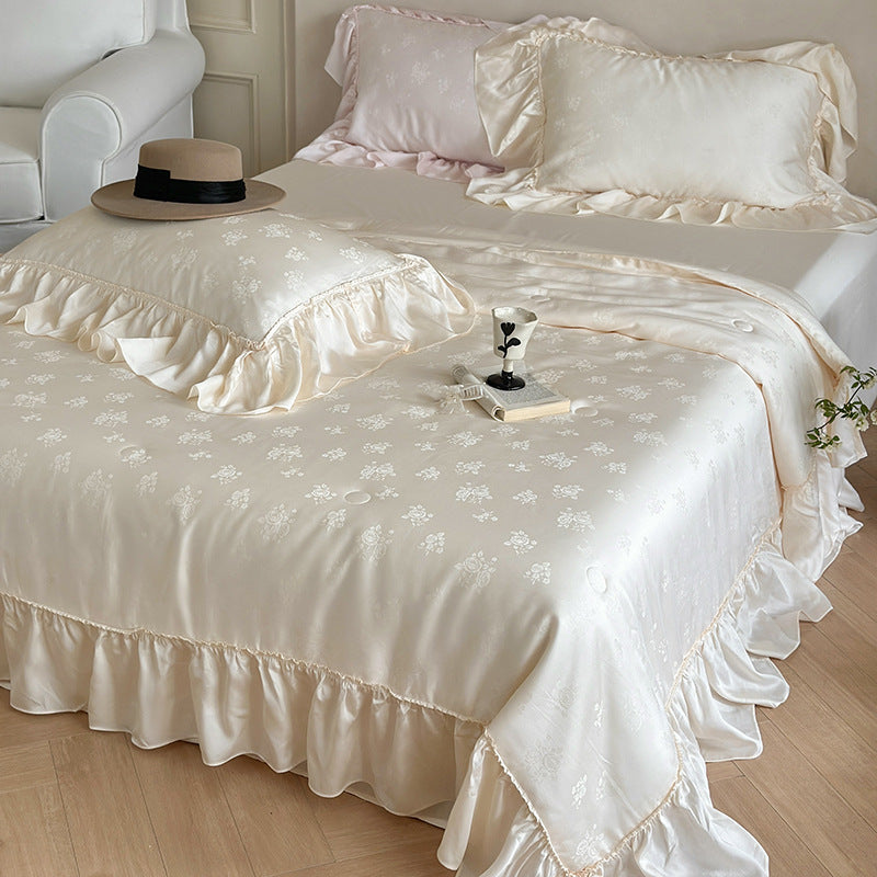 Elegant satin bedding set with jacquard floral pattern and ruffles