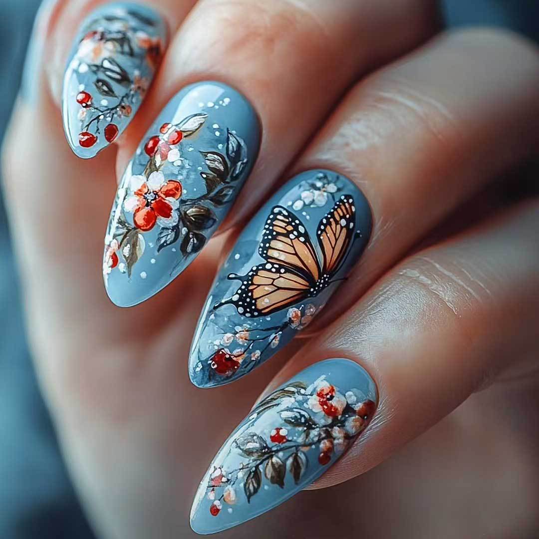 Artistic Floral Butterfly Nail Art
