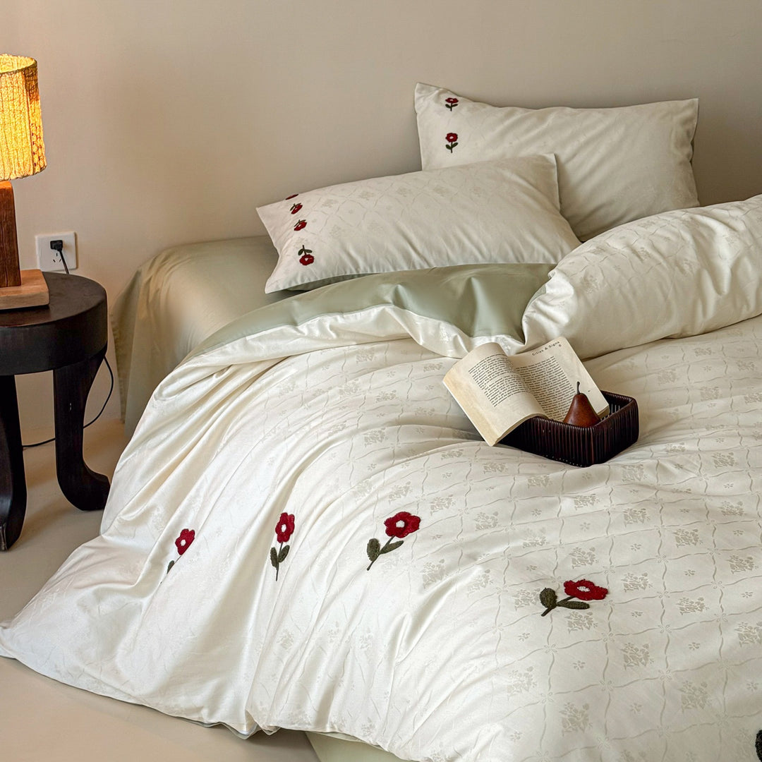 Embroidered Poppy Jacquard Duvet Cover Set with Reversible Sateen Back