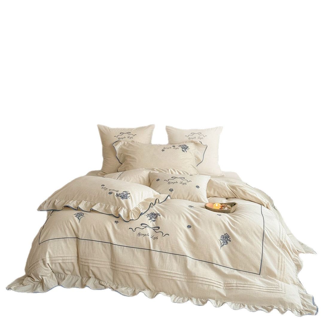 Floral-Embroidered Ruffled Cotton Percale Duvet Cover Set with Frilled Edge & Euro Pillow Shams