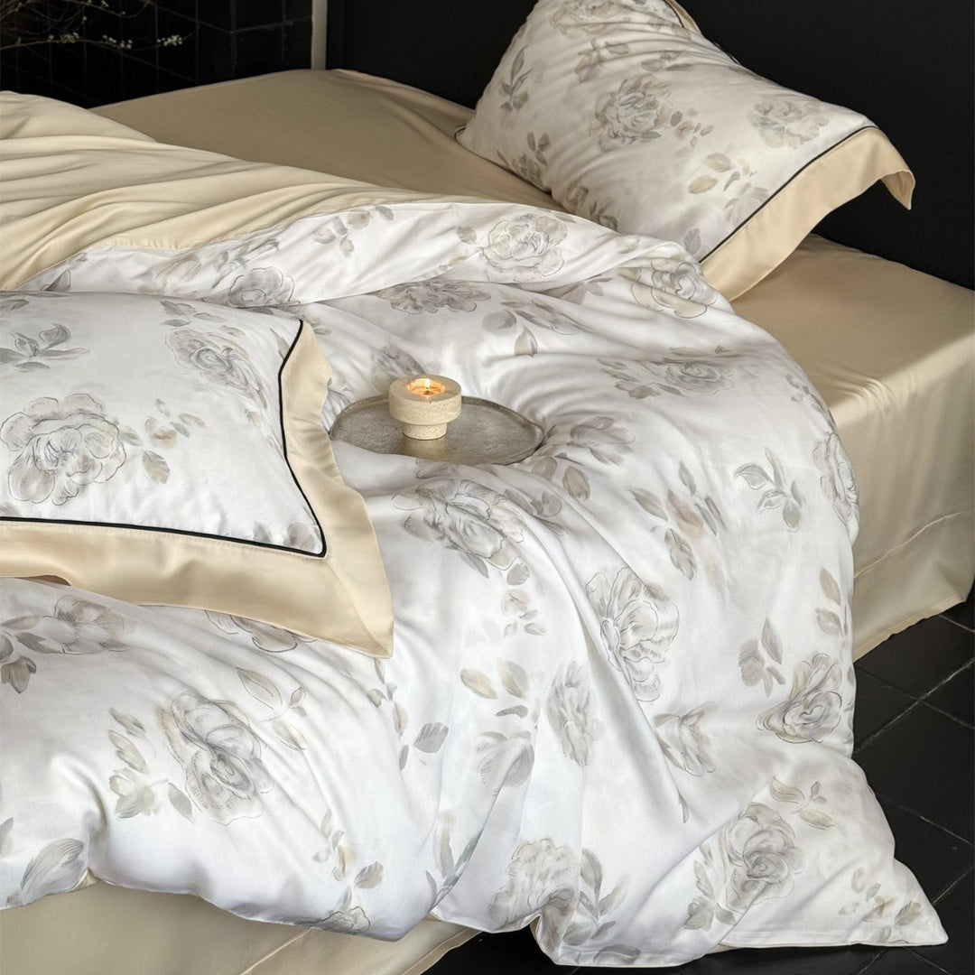Luxury Watercolor Rose Sateen Duvet Cover Set with Satin-Back and Piped Shams