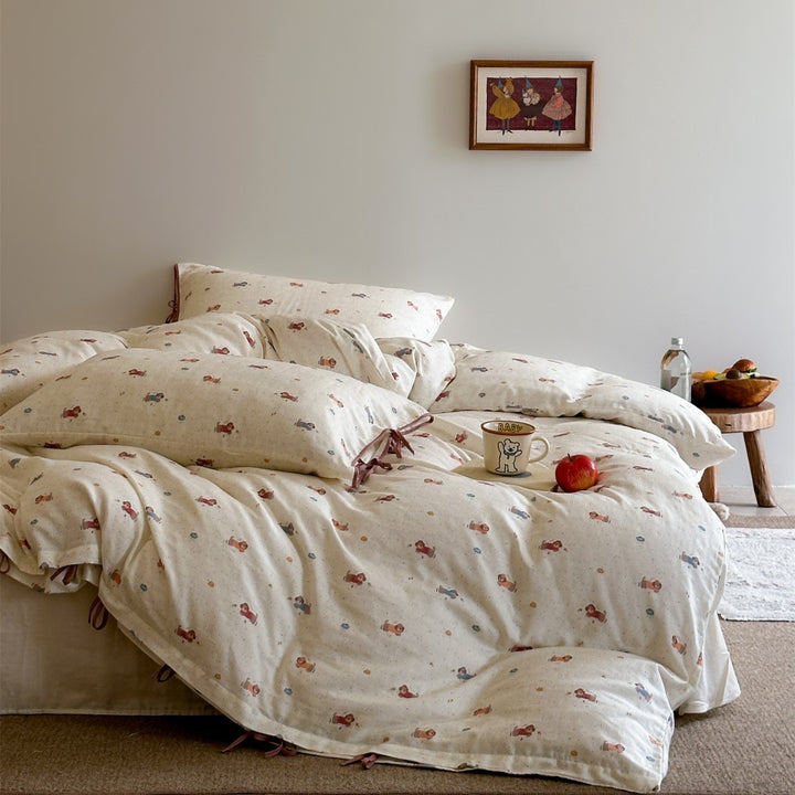 Illustrated Cotton-Sateen Duvet Cover Set with Ribbon-Tie Pillowcase