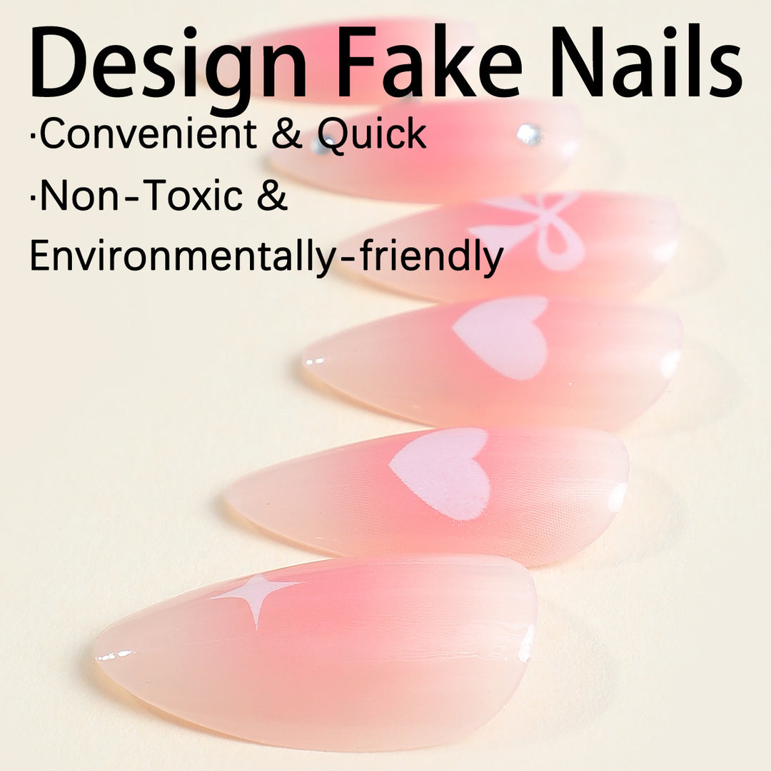Acrylic nail set with romantic heart and bow design Stornfield