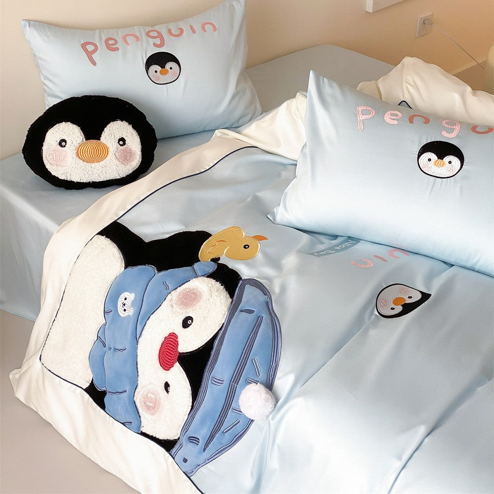 Children's Penguin Appliqué Duvet Cover Set with Plush Accent Pillow
