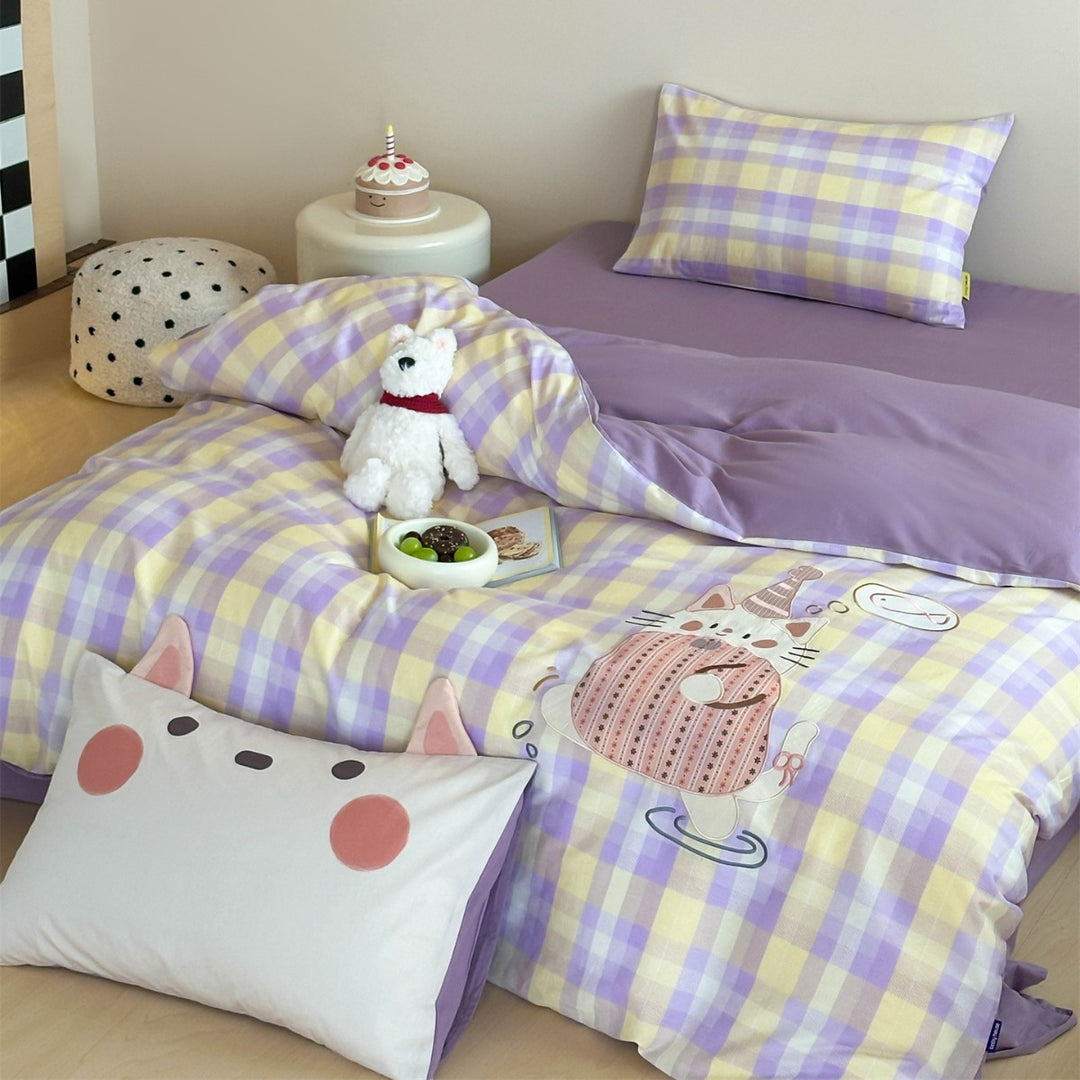 Children's Panda Appliqué Cotton Sateen Duvet Cover Set with Grid Print and Reversible Pillowcase