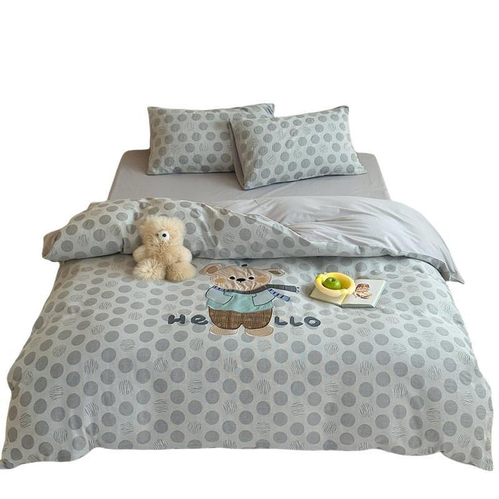 Cotton bed linen set with bunny appliqué and subtle dot jacquard
