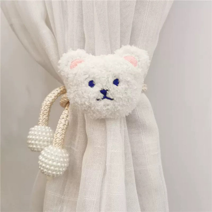 Plush Bear Curtain Tieback with Braided Rope and Pearl Tassels