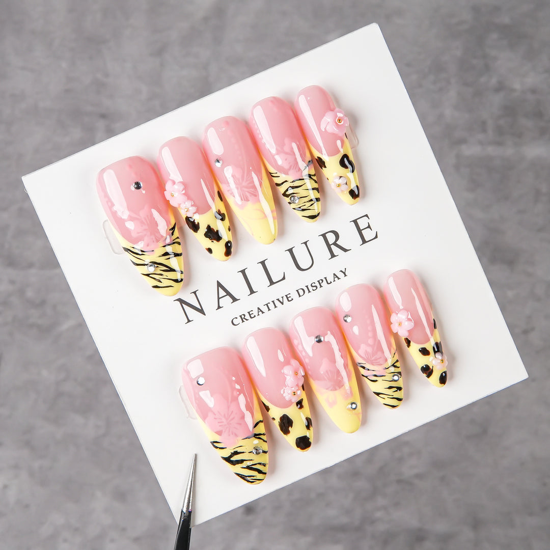 Artistic Stiletto Press-On Nail Set with Floral and Animal Print Accents