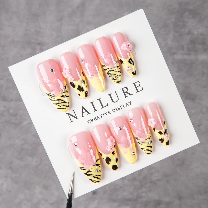 Artistic Stiletto Press-On Nail Set with Floral and Animal Print Accents