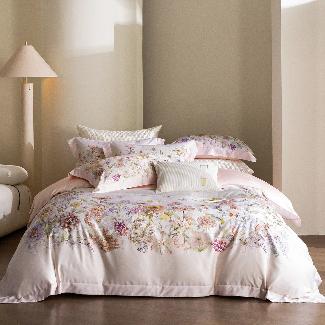 Floral Embroidered Cotton Sateen Duvet Cover Set with Reversible Pillowcases
