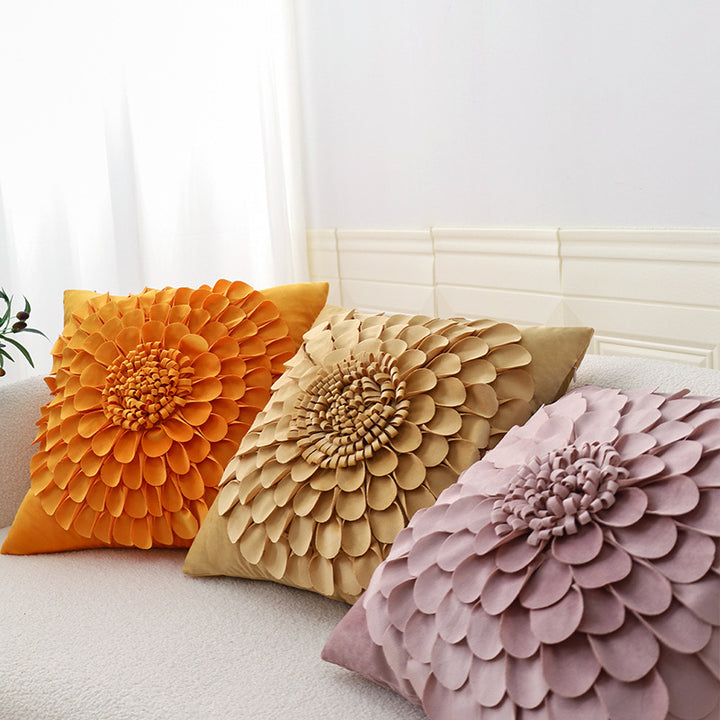 Square decorative cushion cover with 3D flower appliqué made of cotton-linen blend Stornfield