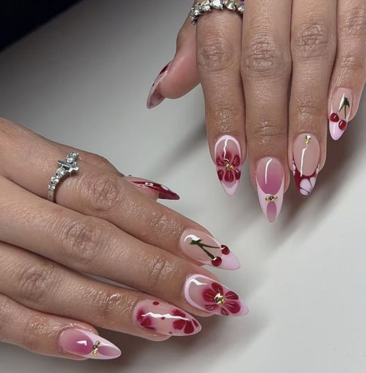 Artistic Floral and Cherry-Embellished Press-On Nails Stornfield