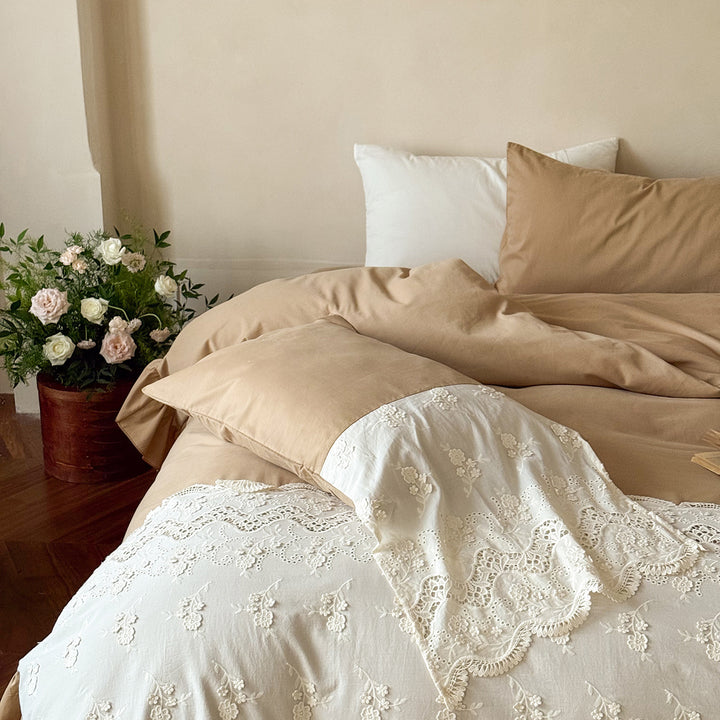 Vintage-Inspired Embroidered Lace-Trim Duvet Cover & Ruffled Bedskirt Set